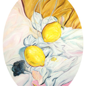 Peinture : Still Life with two Lemons - Oil on canvas/ cardboard (oval) - 30 x 40 cm