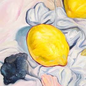 Peinture : Still Life with two Lemons - Oil on canvas/ cardboard (oval) - 30 x 40 cm