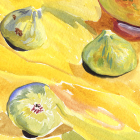 Peinture : Still life on a yellow tablecloth - Watercolor on paper - 24 x 32 cm