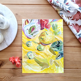 Peinture : Still life on a yellow tablecloth - Watercolor on paper - 24 x 32 cm