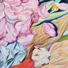 Peinture : Still life with Pink Tulips and Peonies - Oil on paper - 40 x 50 cm