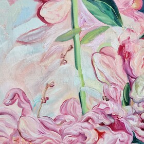 Peinture : Still life with Pink Tulips and Peonies - Oil on paper - 40 x 50 cm