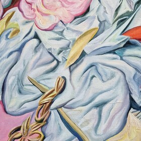 Peinture : Still life with Pink Tulips and Peonies - Oil on paper - 40 x 50 cm