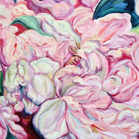 Peinture : Still life with Pink Tulips and Peonies - Oil on paper - 40 x 50 cm