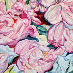 Peinture : Still life with Pink Tulips and Peonies - Oil on paper - 40 x 50 cm