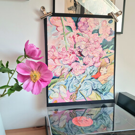 Peinture : Still life with Pink Tulips and Peonies - Oil on paper - 40 x 50 cm