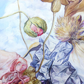 Peinture : Still Life with Poppies and an Artichoke Flower - Oil on paper - 30 x 40 cm