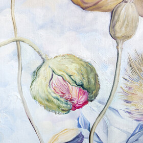 Peinture : Still Life with Poppies and an Artichoke Flower - Oil on paper - 30 x 40 cm