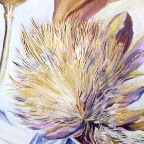 Peinture : Still Life with Poppies and an Artichoke Flower - Oil on paper - 30 x 40 cm