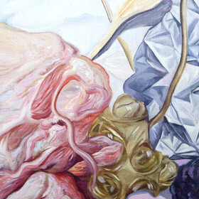 Peinture : Still Life with Poppies and an Artichoke Flower - Oil on paper - 30 x 40 cm