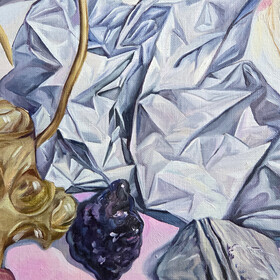 Peinture : Still Life with Poppies and an Artichoke Flower - Oil on paper - 30 x 40 cm