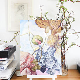 Peinture : Still Life with Poppies and an Artichoke Flower - Oil on paper - 30 x 40 cm